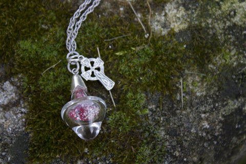 Encased Heart glass piece on a Sterling silver chain. Irish and Celtic Cremation Memorial Jewelry